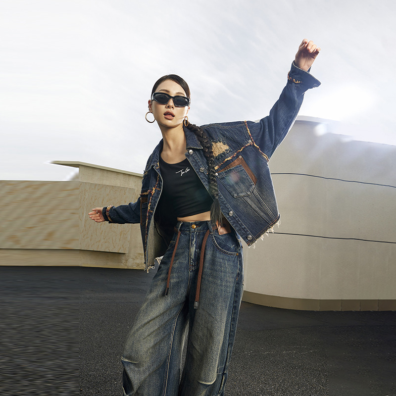 扎哈潮牌复古破洞牛仔外套女秋季新款宽松外穿长袖夹克Q40099