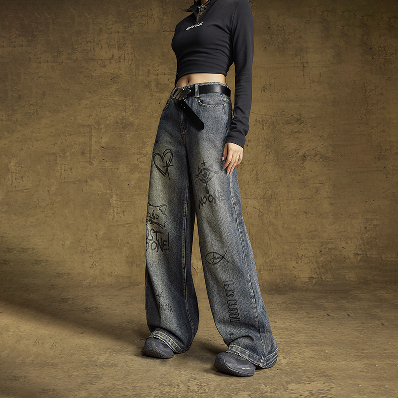 扎哈潮牌涂鸦牛仔裤女装秋季新款做旧阔腿裤高腰宽松显瘦Q40151