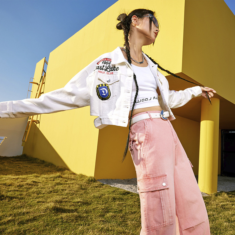 美式印花牛仔外套女早春新款宽松小众休闲短款露腰夹克上衣c40523