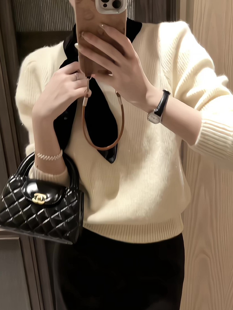 法式撞色蝴蝶结系带毛衣女秋冬2024新款慵懒风软糯针织衫长袖上衣