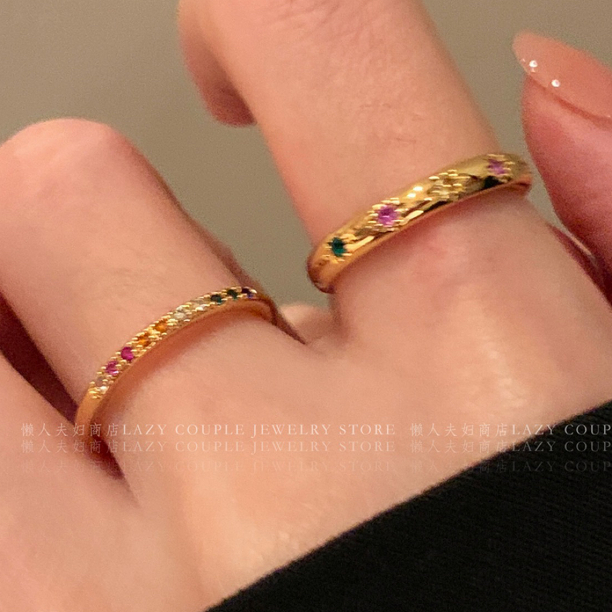 钛钢戒指 叠戴显手细~简约精致素圈彩色锆石戒指女轻奢高级感Y016