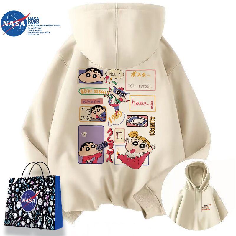 NASA联名蜡笔小新新款印花卫衣ins宽松oversize秋冬加绒情侣外套
