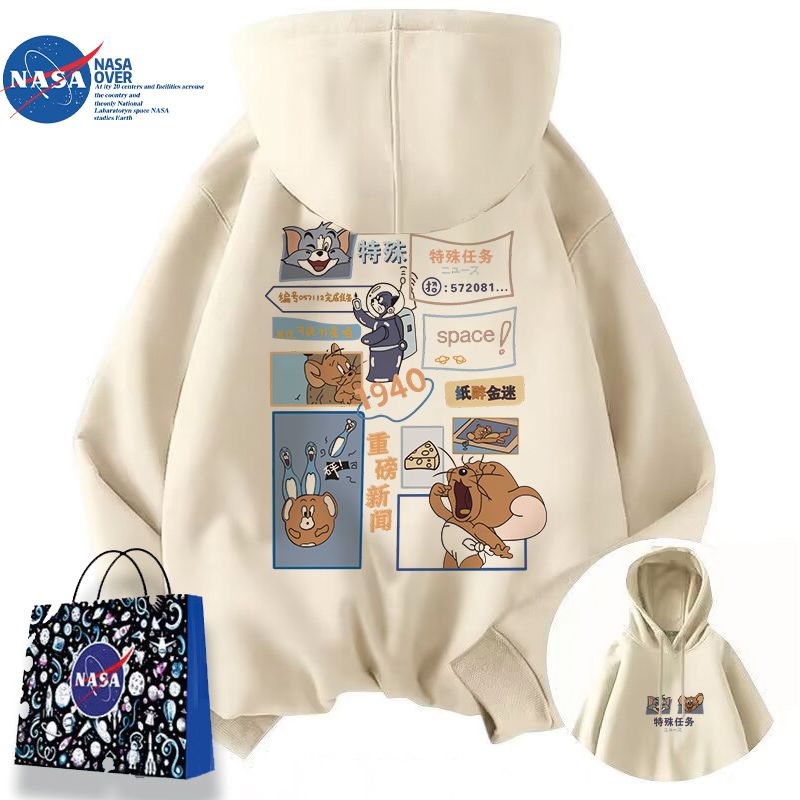 NASA联名猫和老鼠男女印花卫衣ins宽松oversize秋冬加绒情侣外套