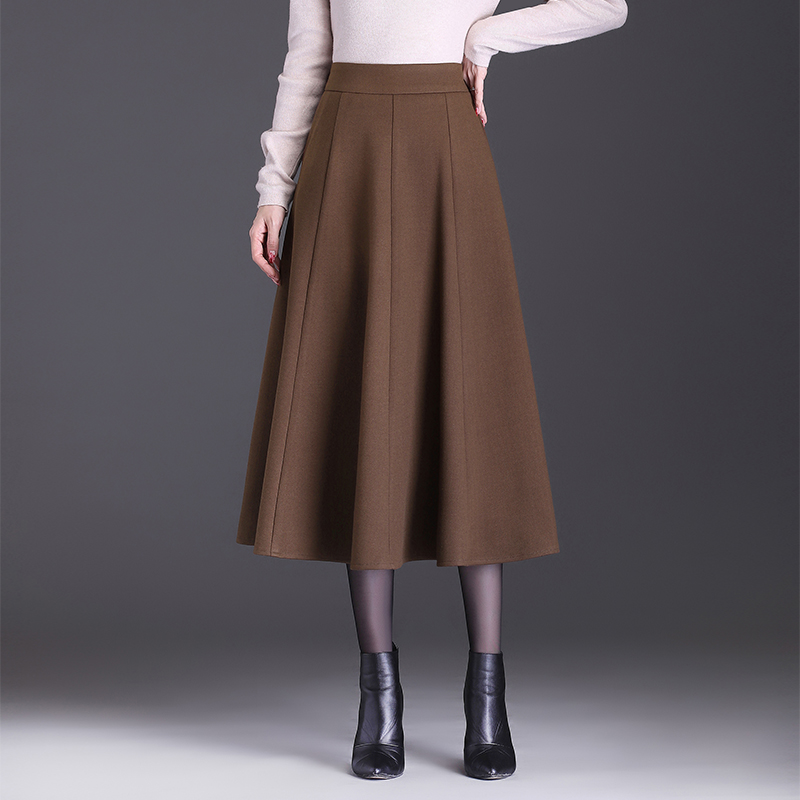 焦糖色半身裙秋冬加厚毛呢长裙收腰及踝洋气高腰a字百褶大摆裙女