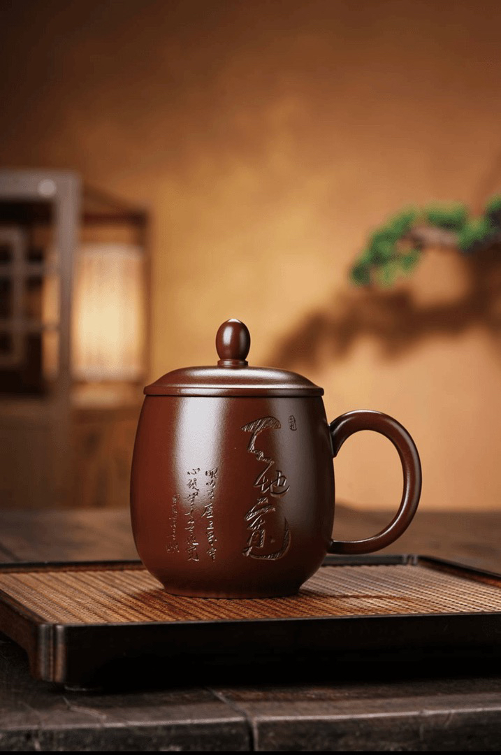 宜兴原矿紫砂纯手工高档龙血砂天地宽盖杯刻字全手工带盖10