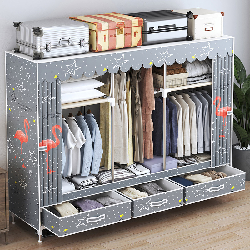简易衣柜布衣柜钢管加粗加固卧室挂衣柜带抽屉出租房用收纳挂衣橱