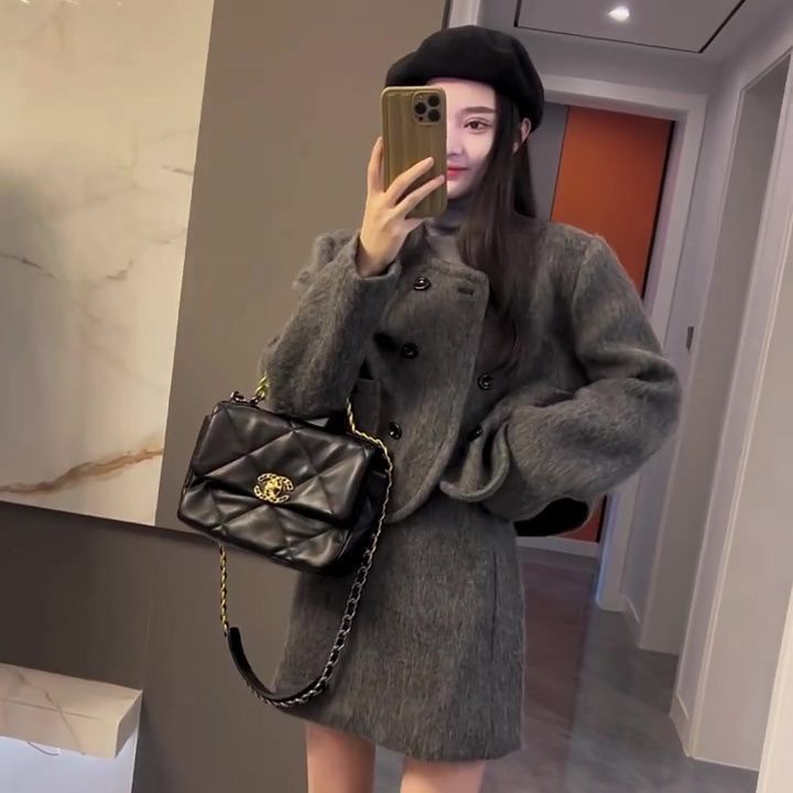 毛呢套装半身裙女2023春秋新款韩版灰色高级感纯欲风气质呢子外套
