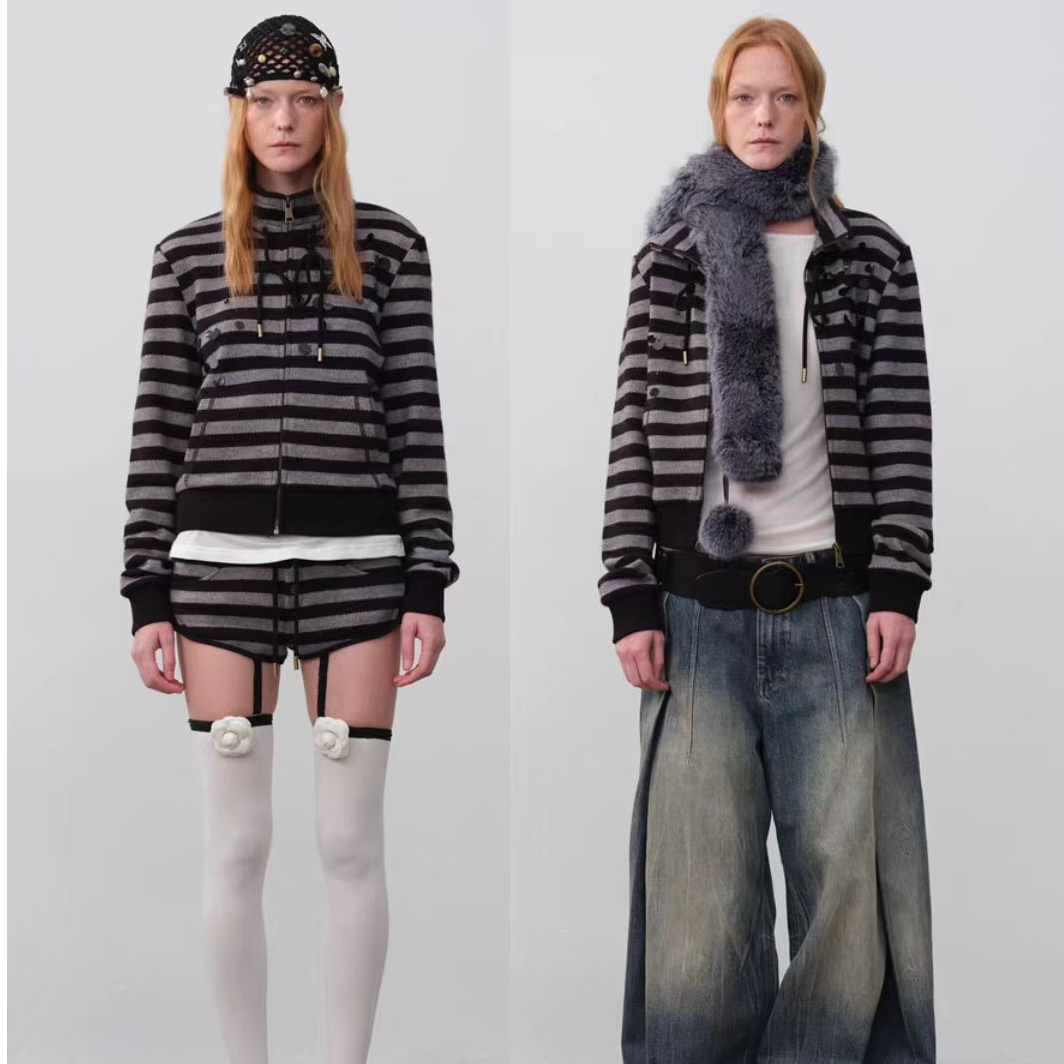 0'clock 设计师品牌【output】黑灰条纹亮片开衫卫衣