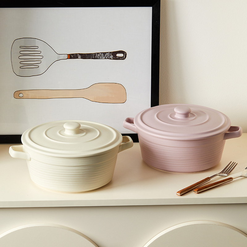 【奶油三色2.5L带盖双耳汤碗】大号家用易清洗耐热陶瓷不可明火