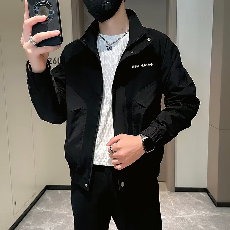 小个子春秋潮牌撞色立领男外套矮百搭小款修身工装上衣服男夹克