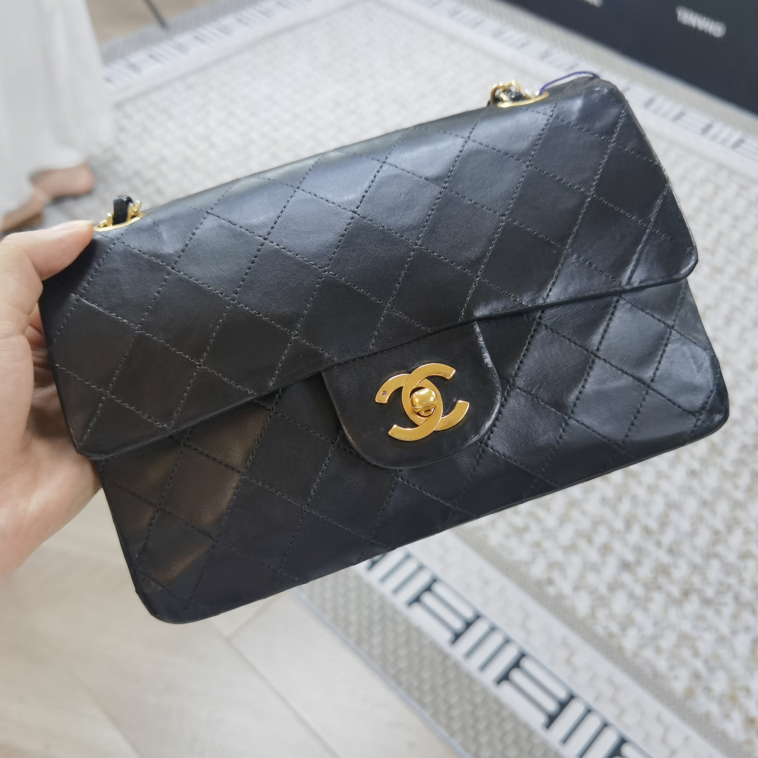 95新 Chanel/香奈儿 艾瑟尔奢品/黑金cf中古经典翻盖菱格单肩包
