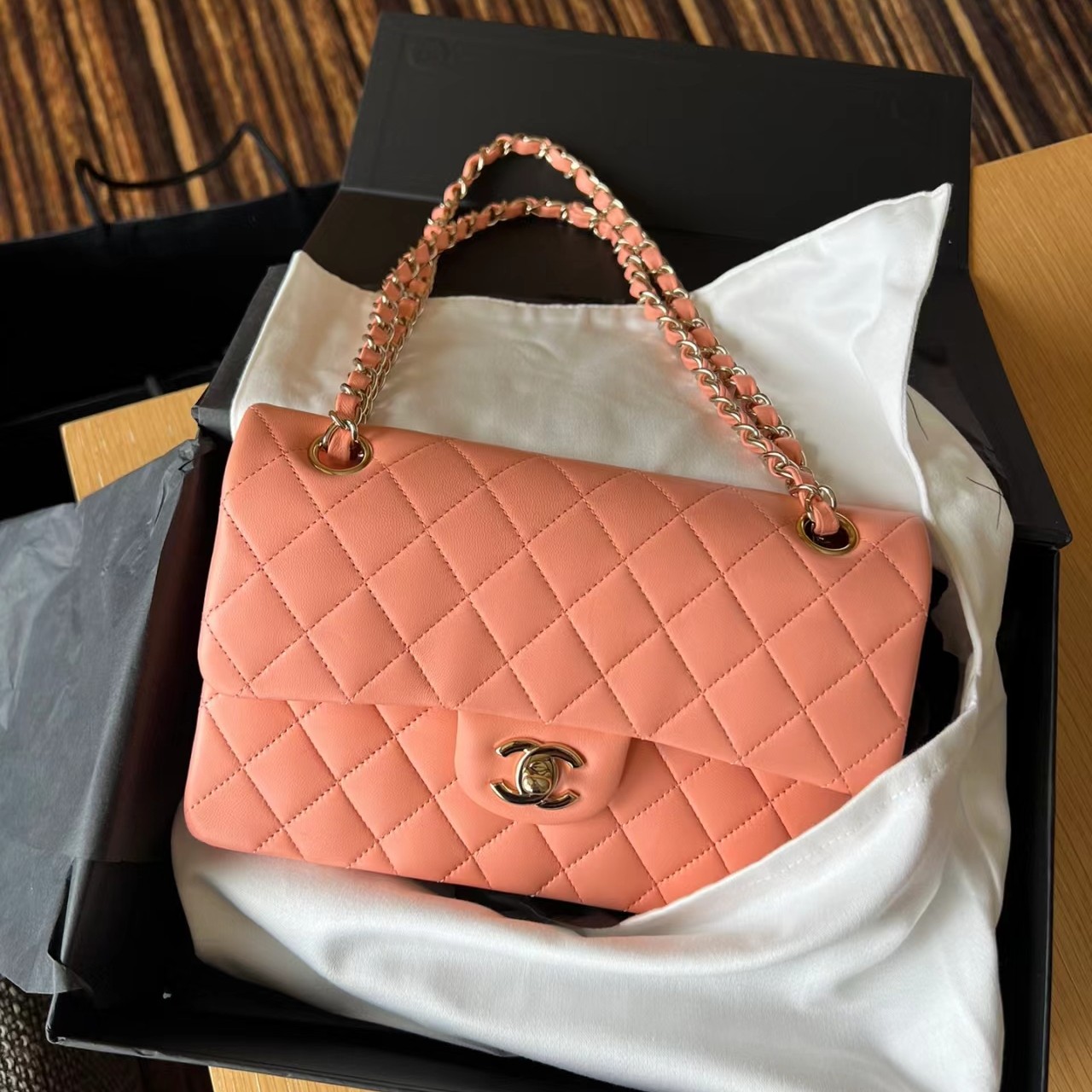 95新 Chanel/香奈儿 艾瑟尔奢品/蜜桃粉cf中号口盖单肩包/3697