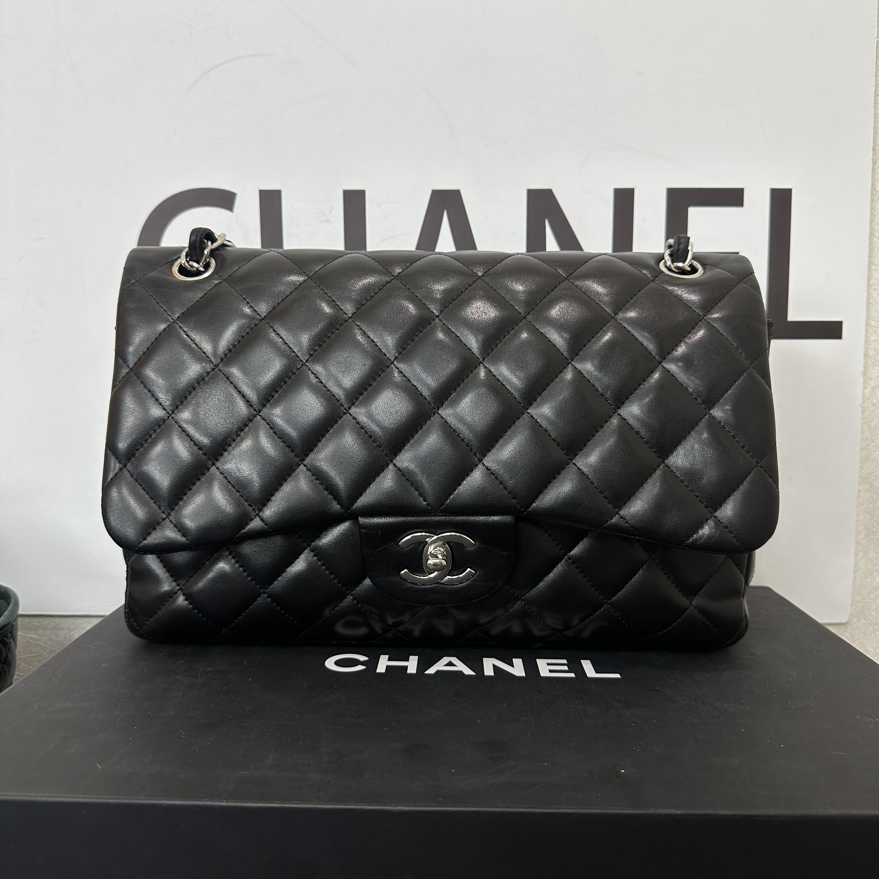 95新 Chanel/香奈儿 艾瑟尔奢品/黑银双盖jumbo单肩包/2849/定金