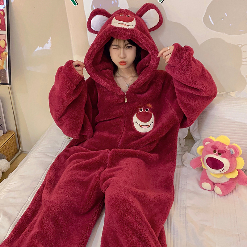 连体睡衣女秋冬季珊瑚绒加厚加绒卡通小熊法兰绒保暖家居服可外穿