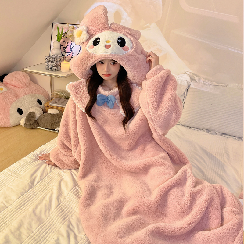 美乐蒂韩版女冬季珊瑚绒卡通可爱甜美搞怪睡袍加厚连帽家居服学生