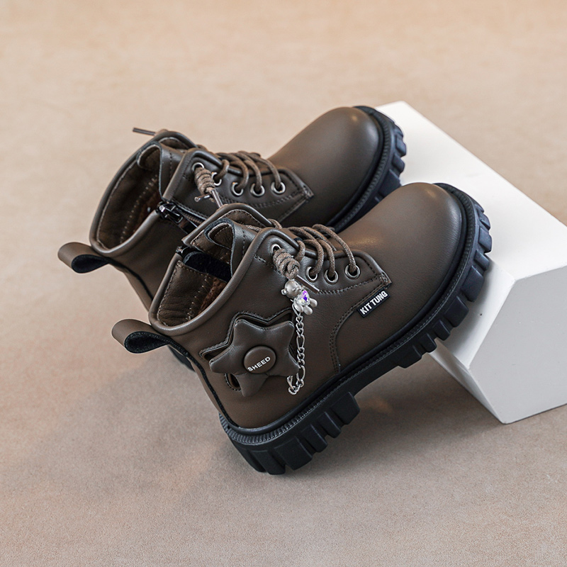 学院风女男皮靴棉靴童鞋男童儿童单靴加绒冬季英伦风女童靴