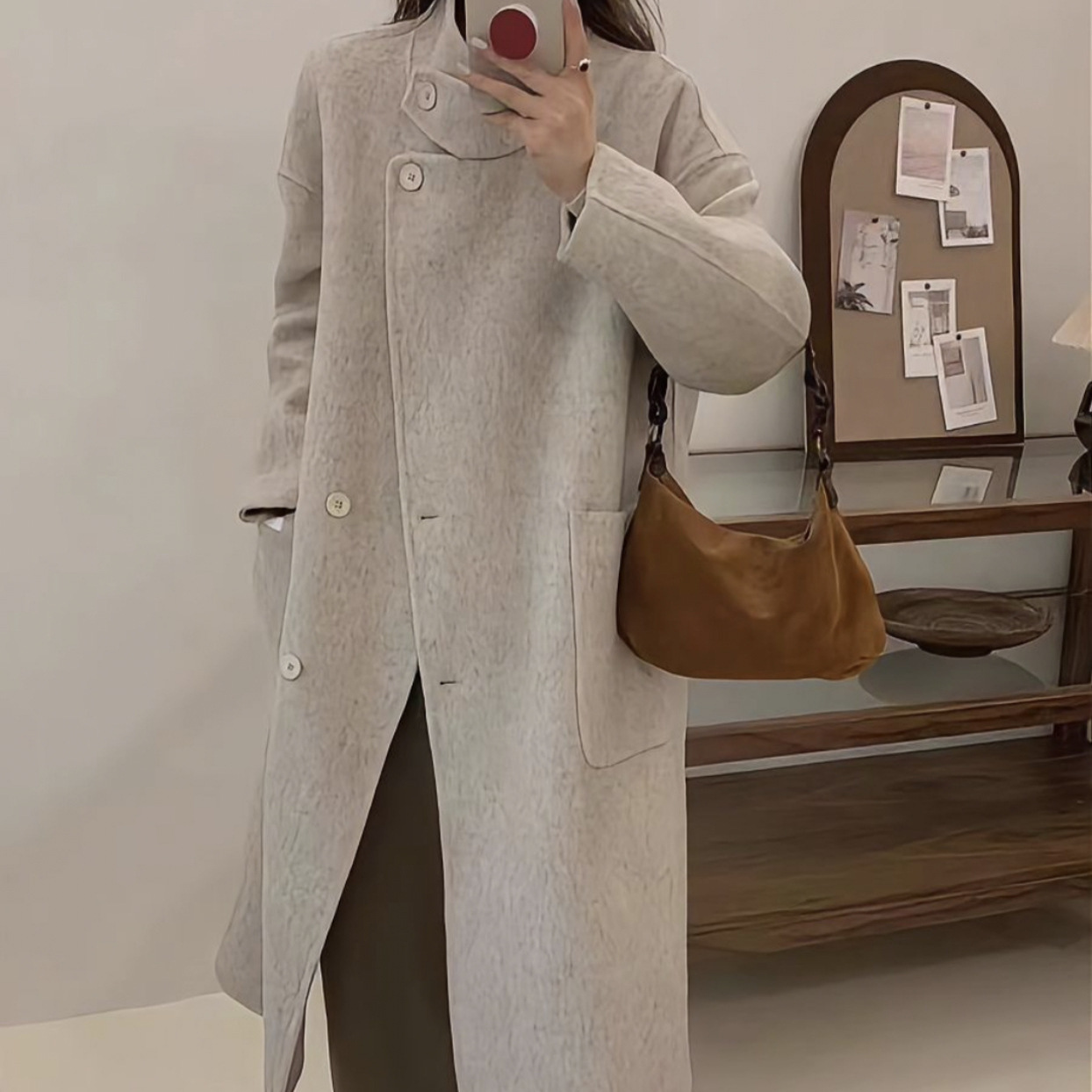 【长款立领羊毛长毛双面羊绒大衣赫本风气质宽松羊毛呢外套女