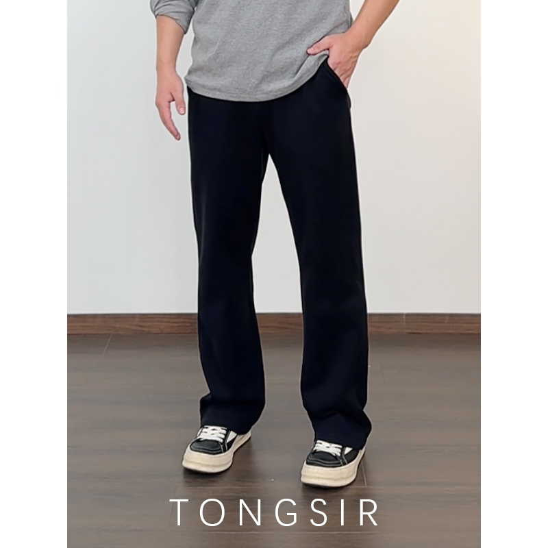TONGSIR【2.0版】秋冬糯感黑色卫裤男士垂感弹力休闲直筒裤中腰长裤