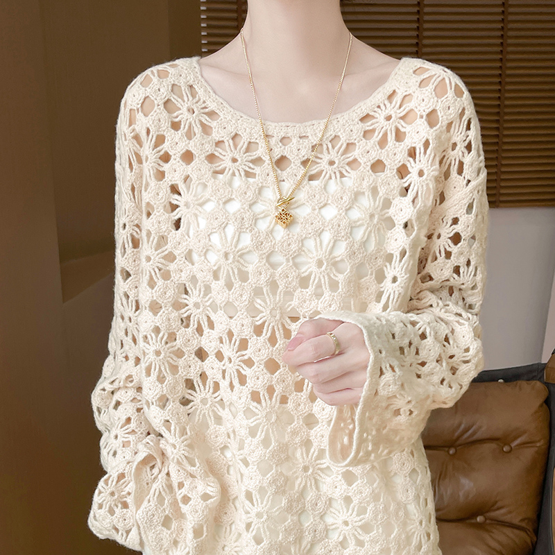 【手工钩花】100%羊毛重工镂空圆领羊毛衫女时尚24秋款