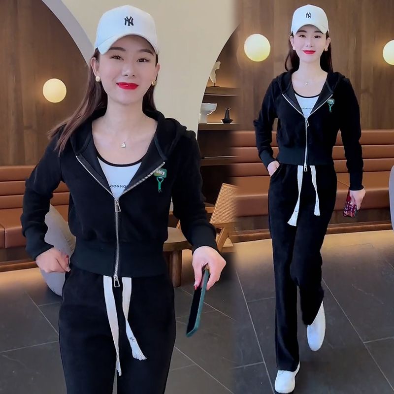 时尚休闲套装女2025年春秋季新款宽松连帽开衫卫衣阔腿裤两件套