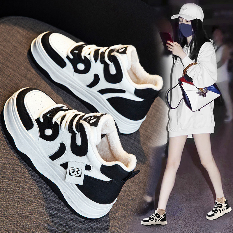 红蜻蜓牌百搭真皮小白鞋女鞋2023秋冬新款厚底运动休闲熊猫板鞋女