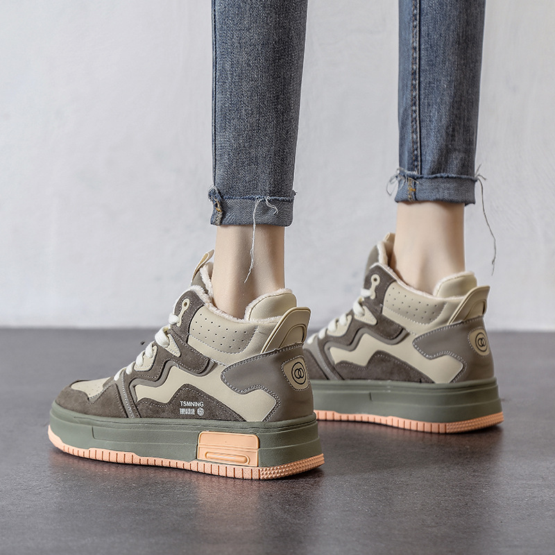 品牌女鞋真皮板鞋女鞋2024春秋新款加绒厚底拼色百搭休闲风运动鞋
