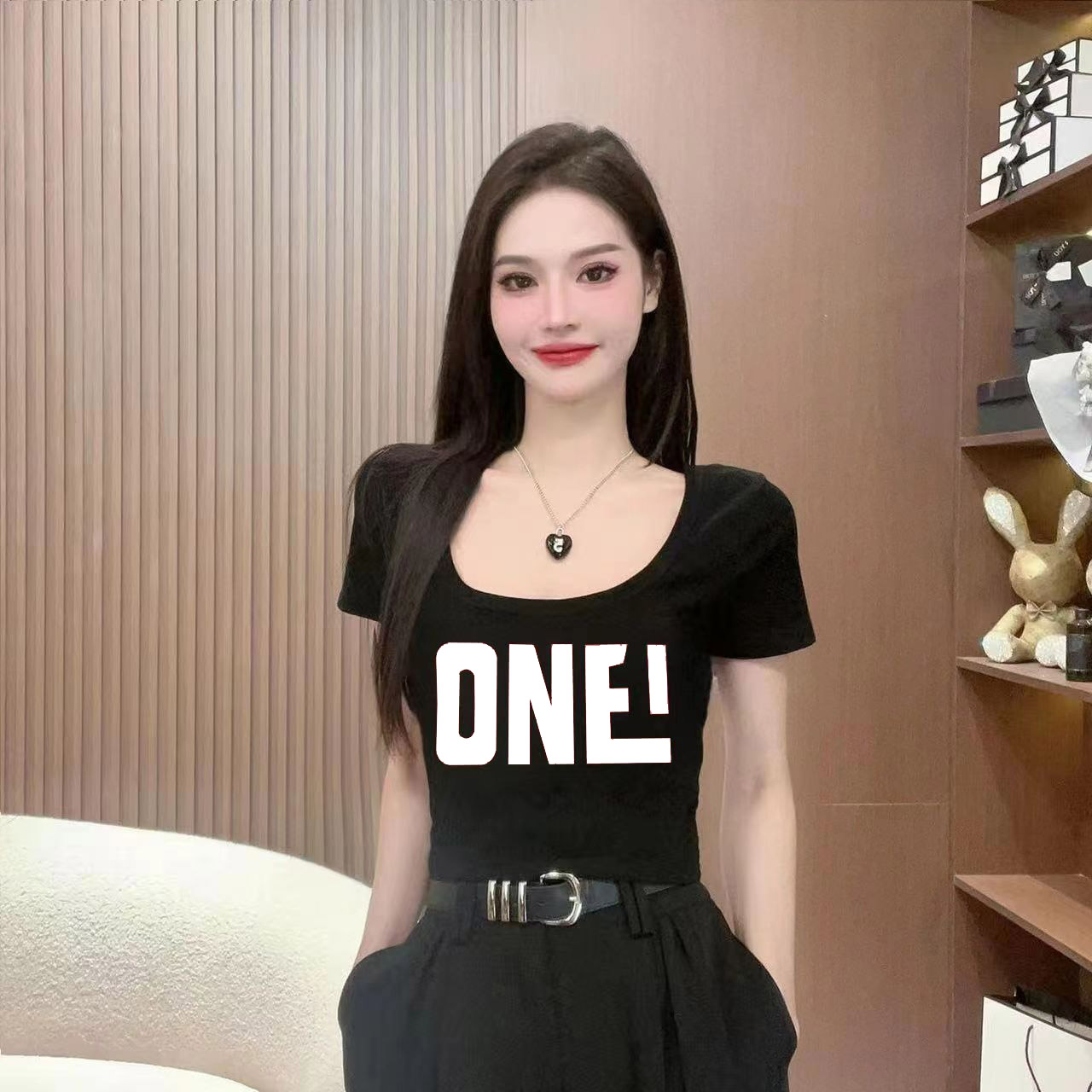 辣妹女T恤显瘦高腰短款夏季黑色修身洋气辣妹休闲百搭不规则时尚