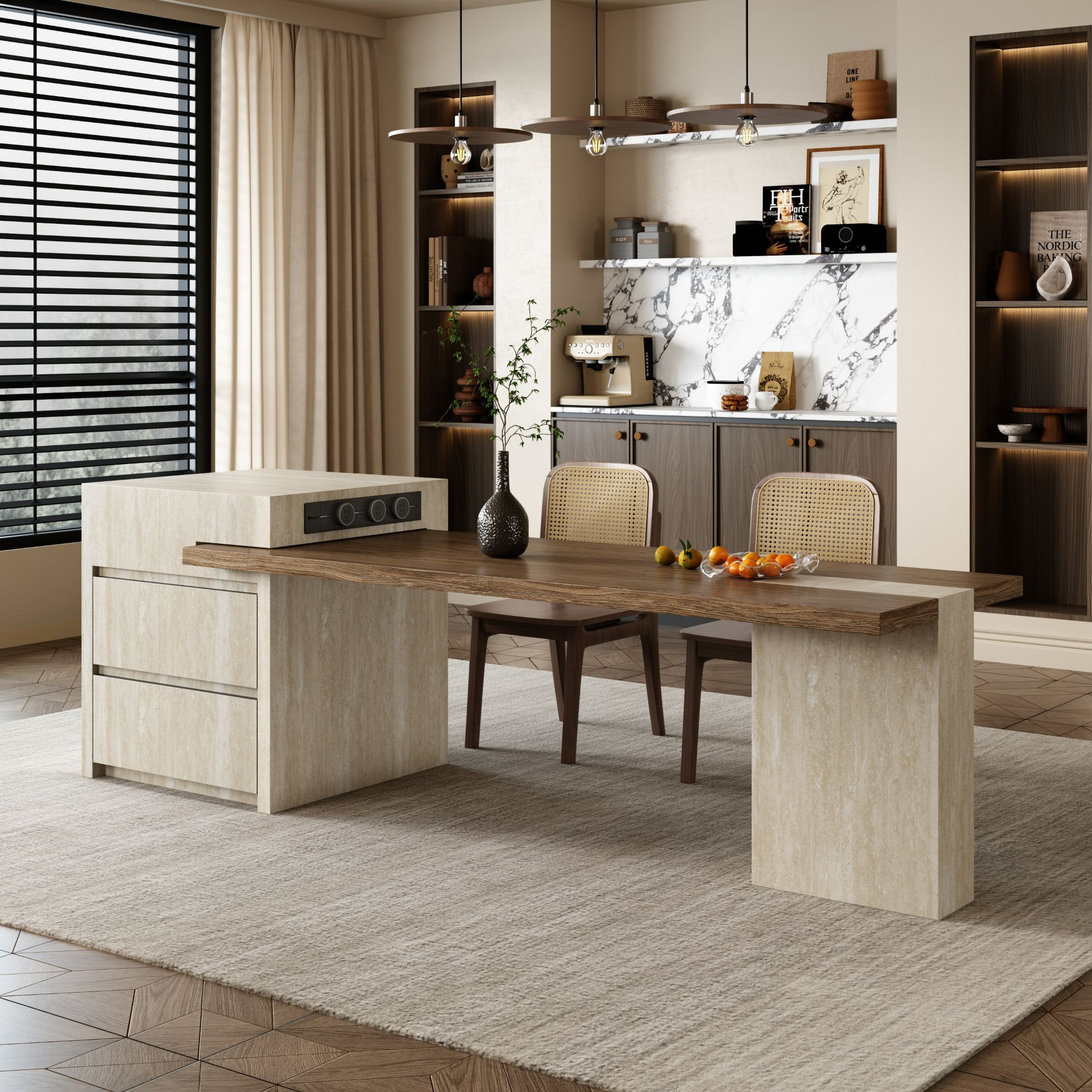 错位中古风全岩板岛台餐桌大尺寸家用客餐厅多功能餐桌倒台导台