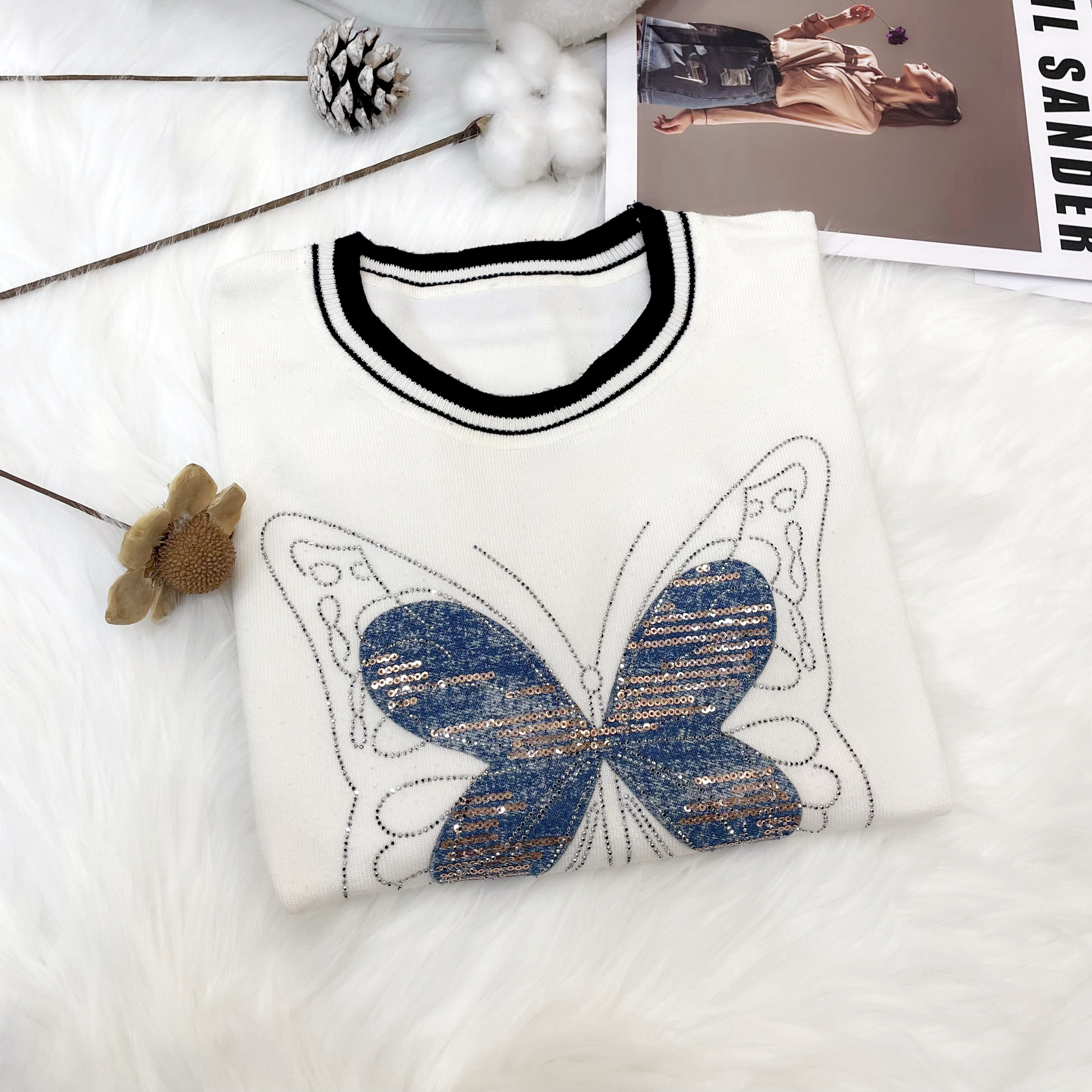 【33】蝴蝶拼色短袖针织衫韩版季新款圆领重工亮片女时尚减龄上衣