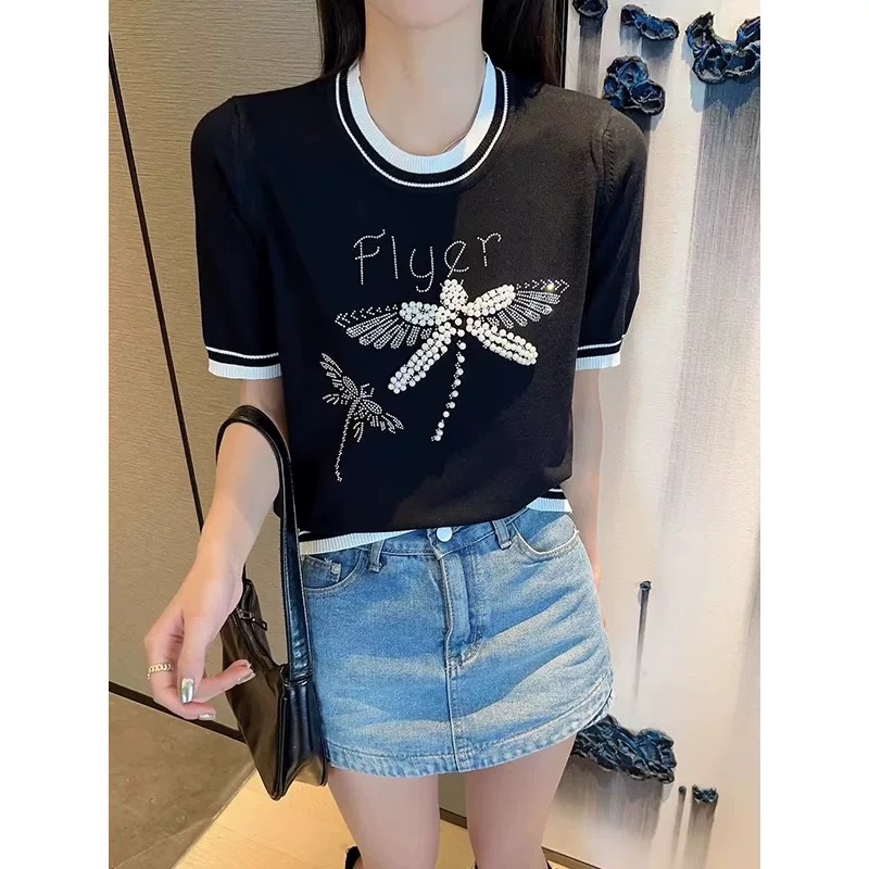 【24】重工钉珠小众短袖针织衫圆领蜻蜓冰丝T恤百搭显瘦