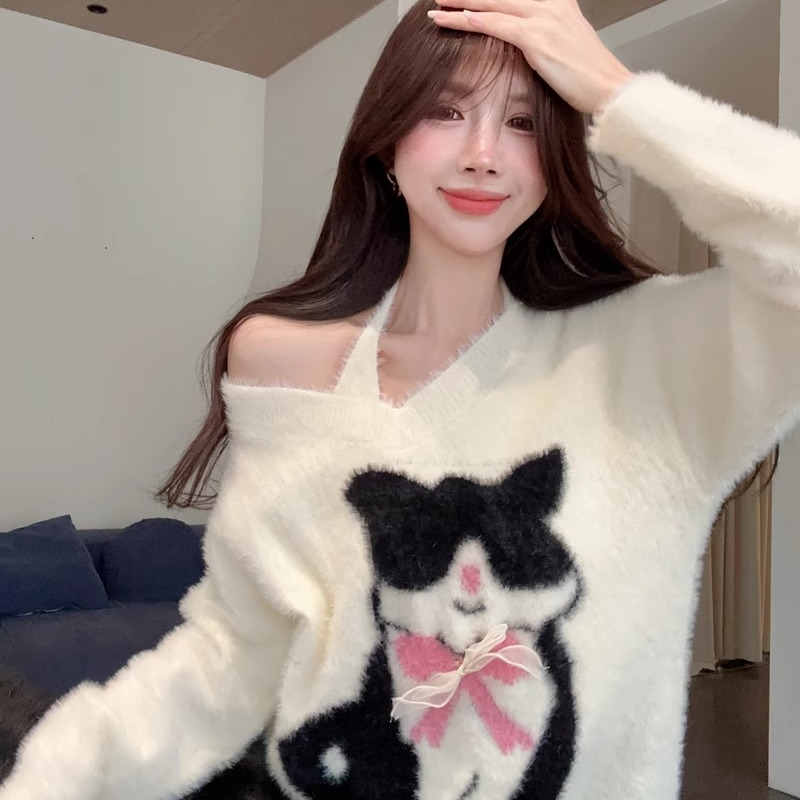 猫咪蝴蝶结可爱针织衫女秋冬v领毛毛上衣水貂绒吊带毛衣两件套