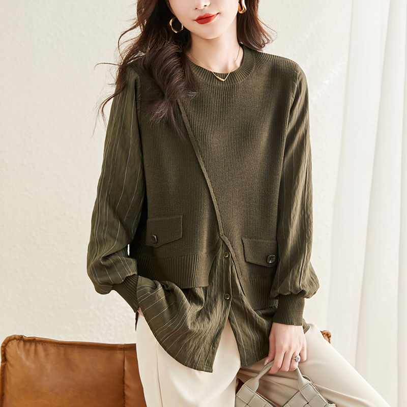 大码女装拼接假两件上衣胖mm宽松遮肚子冰丝针织衫洋气打底针织衫