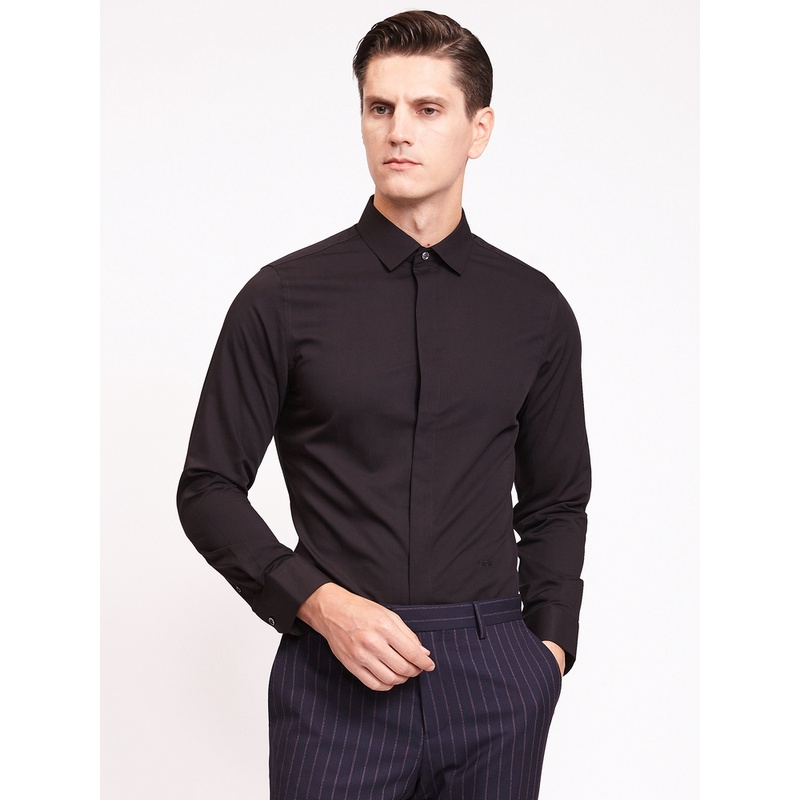 【免烫纯色显瘦】Satchi男装新品商务正装黑衬衫男士修身休闲衬衫