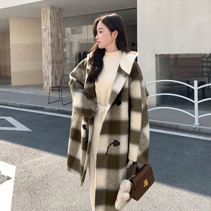 2023复古撞色格子牛角扣廓形显瘦连帽双面毛呢外套女