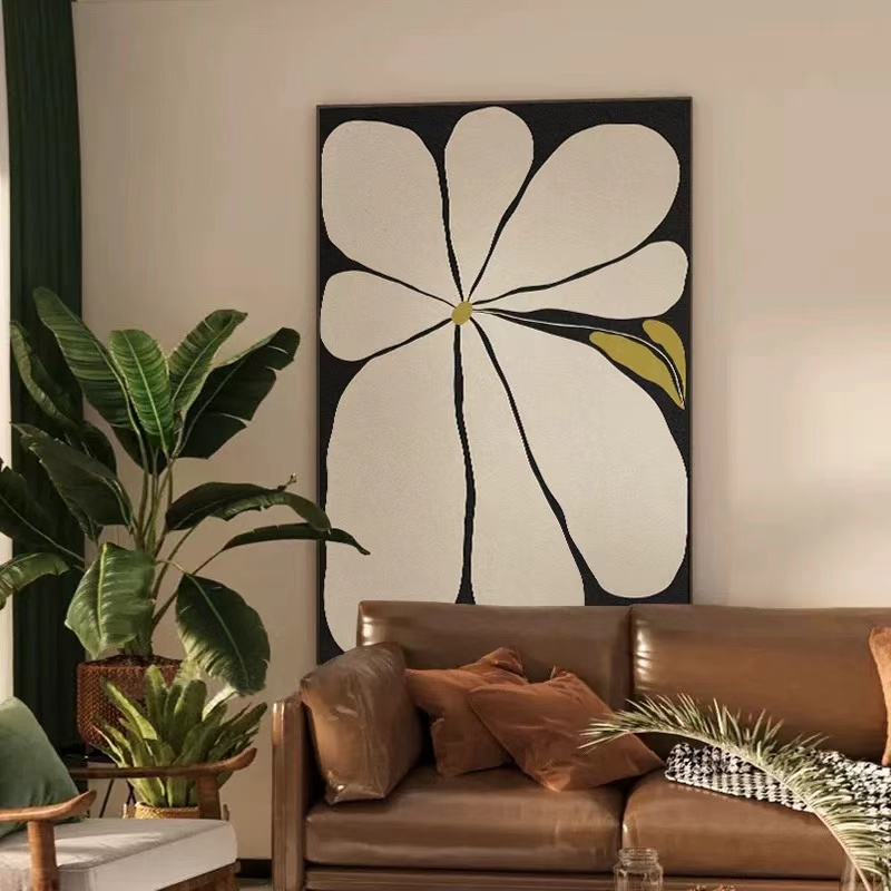 侘寂中古风咖色花卉客厅走廊过道入户玄关装饰砂岩画简约艺术设计