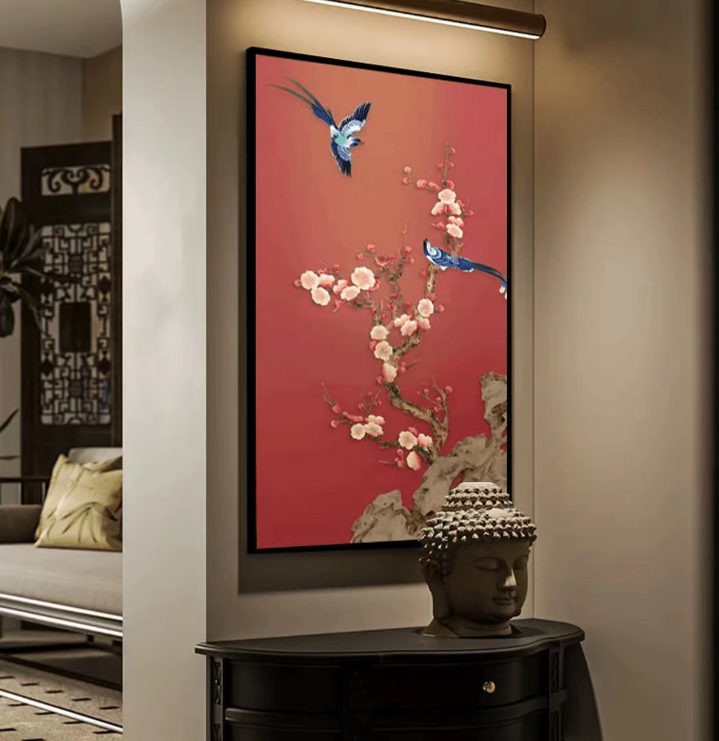 新中式喜上眉梢玄关走廊客厅卧室砂岩装饰画喜气盈盈花鸟寓意极好