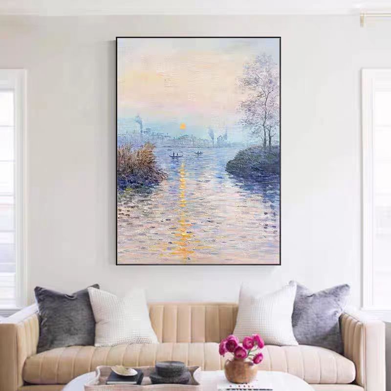 现代轻奢风莫奈日出砂岩肌理画客厅沙发背景墙落地画玄关挂画