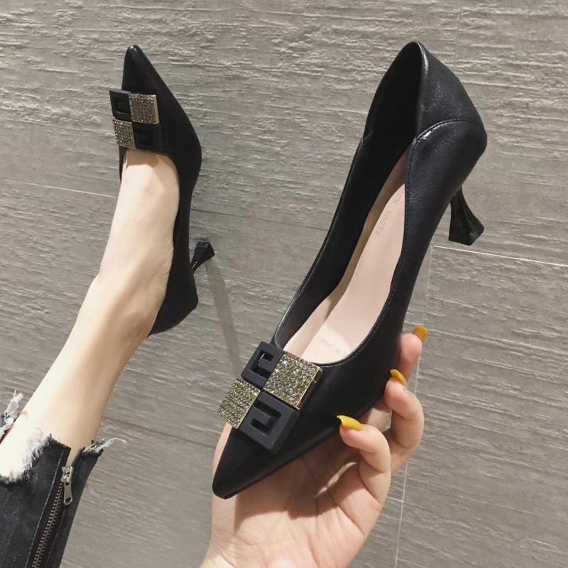 红蜻蜓牌浅口单鞋女2023年春秋新款网红黑色工作尖头高跟鞋女细跟