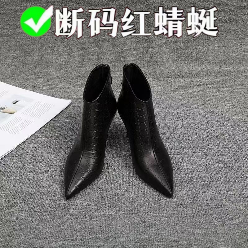 红蜻蜓牌2023年秋冬新款软皮尖头细跟高跟鞋短靴女单靴百搭及裸靴