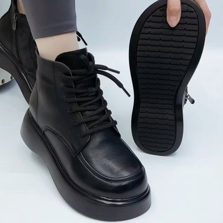 红蜻蜓牌软皮马丁靴女2023年秋冬新款加绒加厚小个子厚底时尚靴子