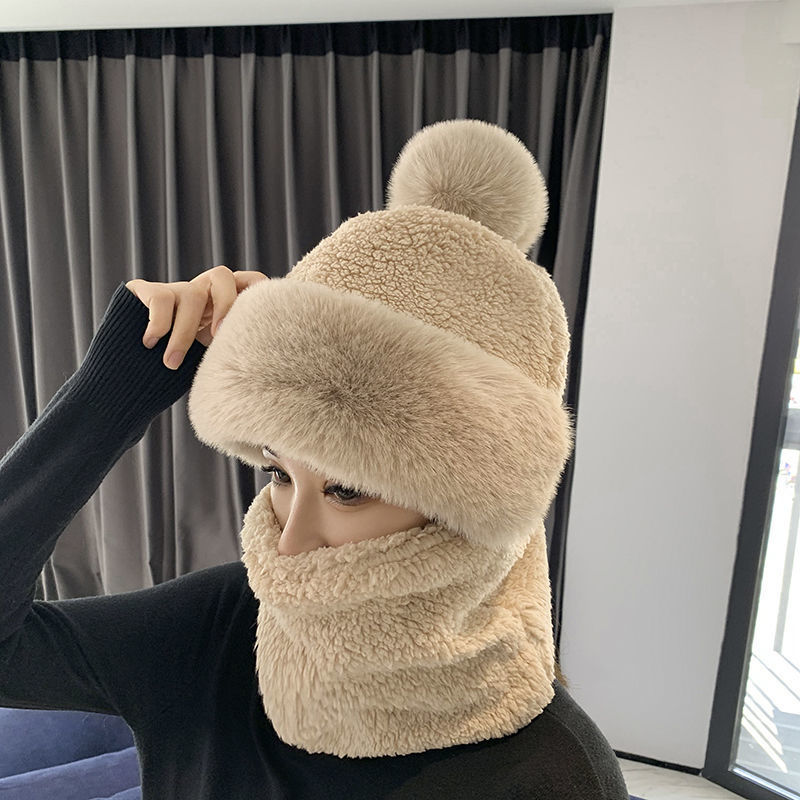 冬季连体帽女时尚通勤百搭套头帽双层加厚护耳保暖骑行御寒围脖帽