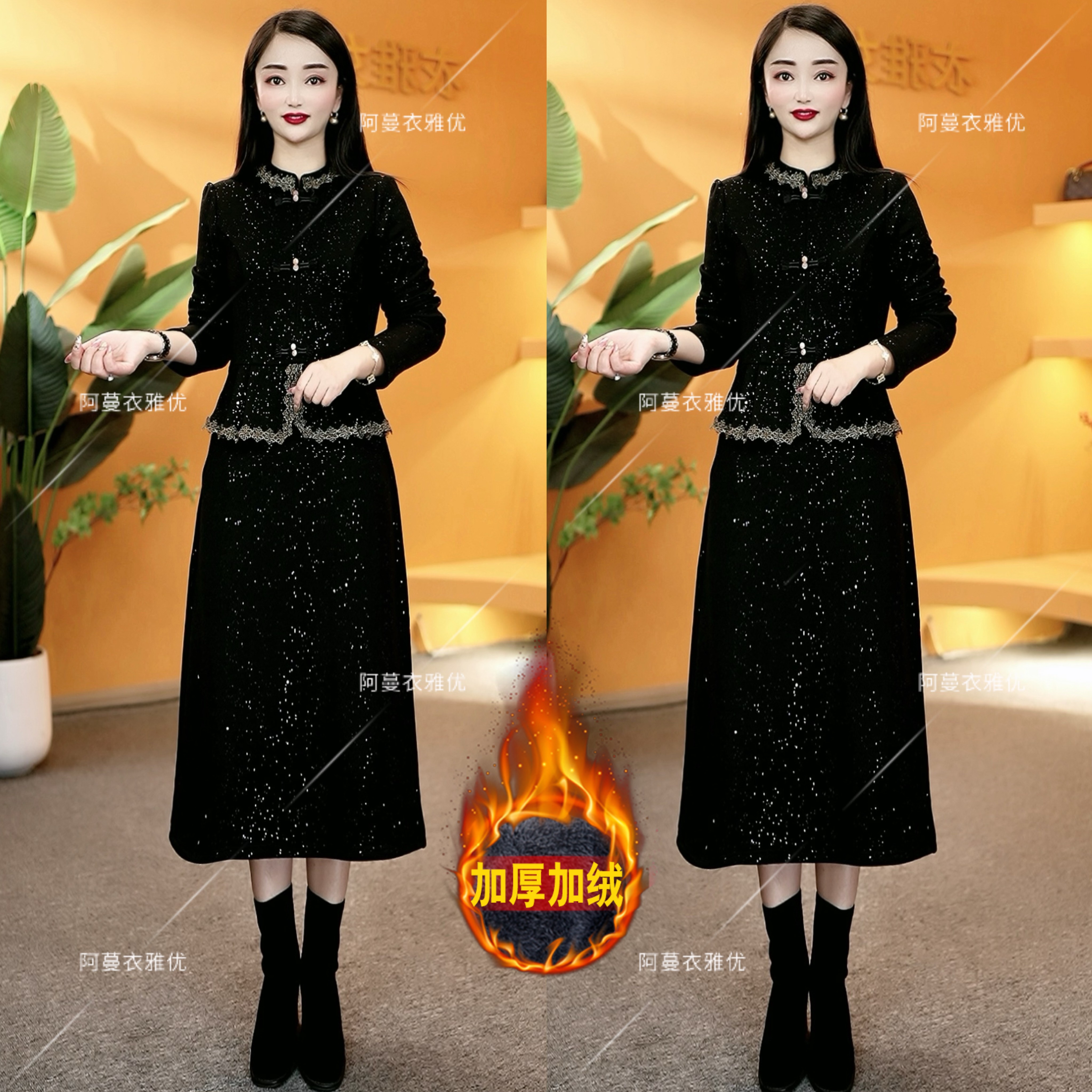 【衣雅严选】8127-1204#新款新中式加绒加厚烫金气质假两件连衣裙