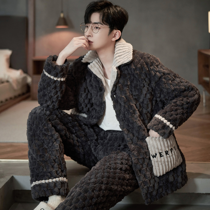 冬季男款睡衣珊瑚绒加绒加厚三层夹棉2025新款冬天高档家居服套装