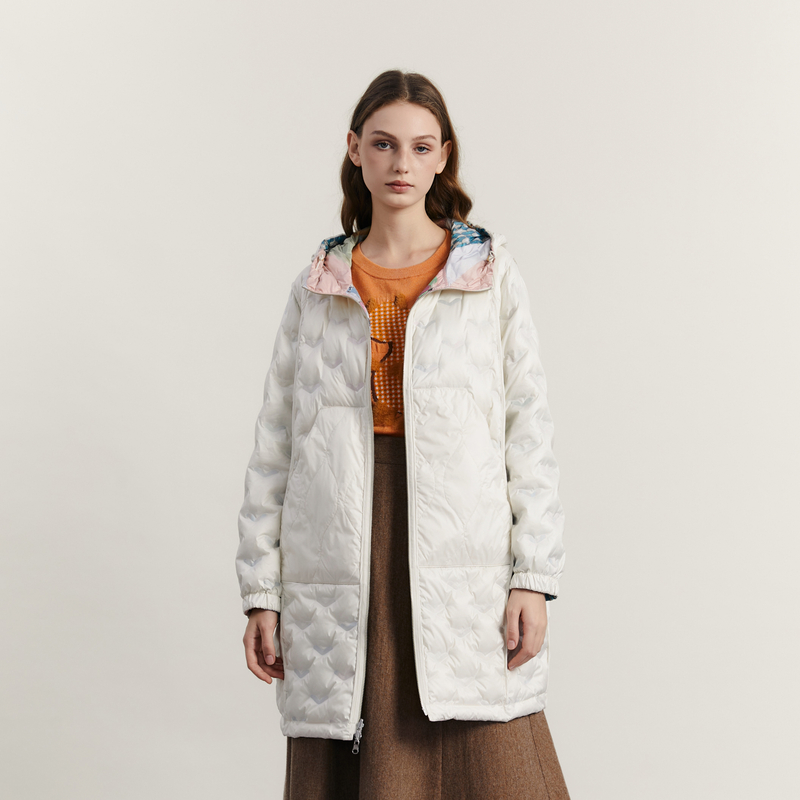 谜底两面穿羽绒服女冬季新品复古花色连帽宽松中长款234MY1466