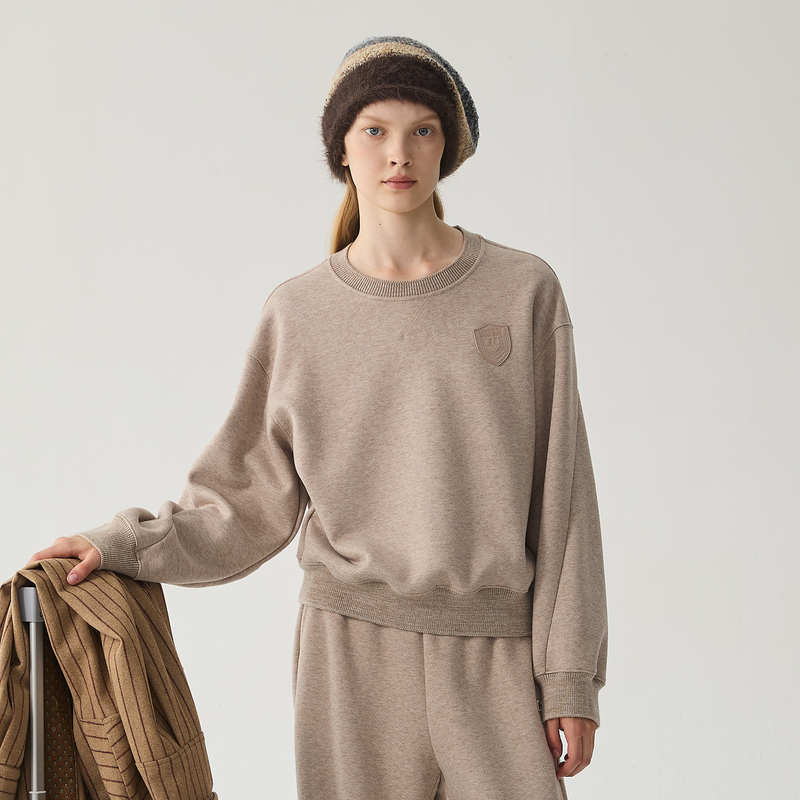 谜底套头卫衣女2024冬季新品休闲百搭宽松圆领徽章上衣244MV1595