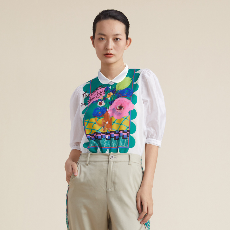 R谜底女装短袖衬衫女夏季新款文艺花卉印花雪纺衫上衣女222MC0657