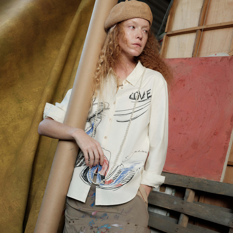 谜底主题印花衬衣长袖2025春新品复古文艺宽松衬衫251MC0048