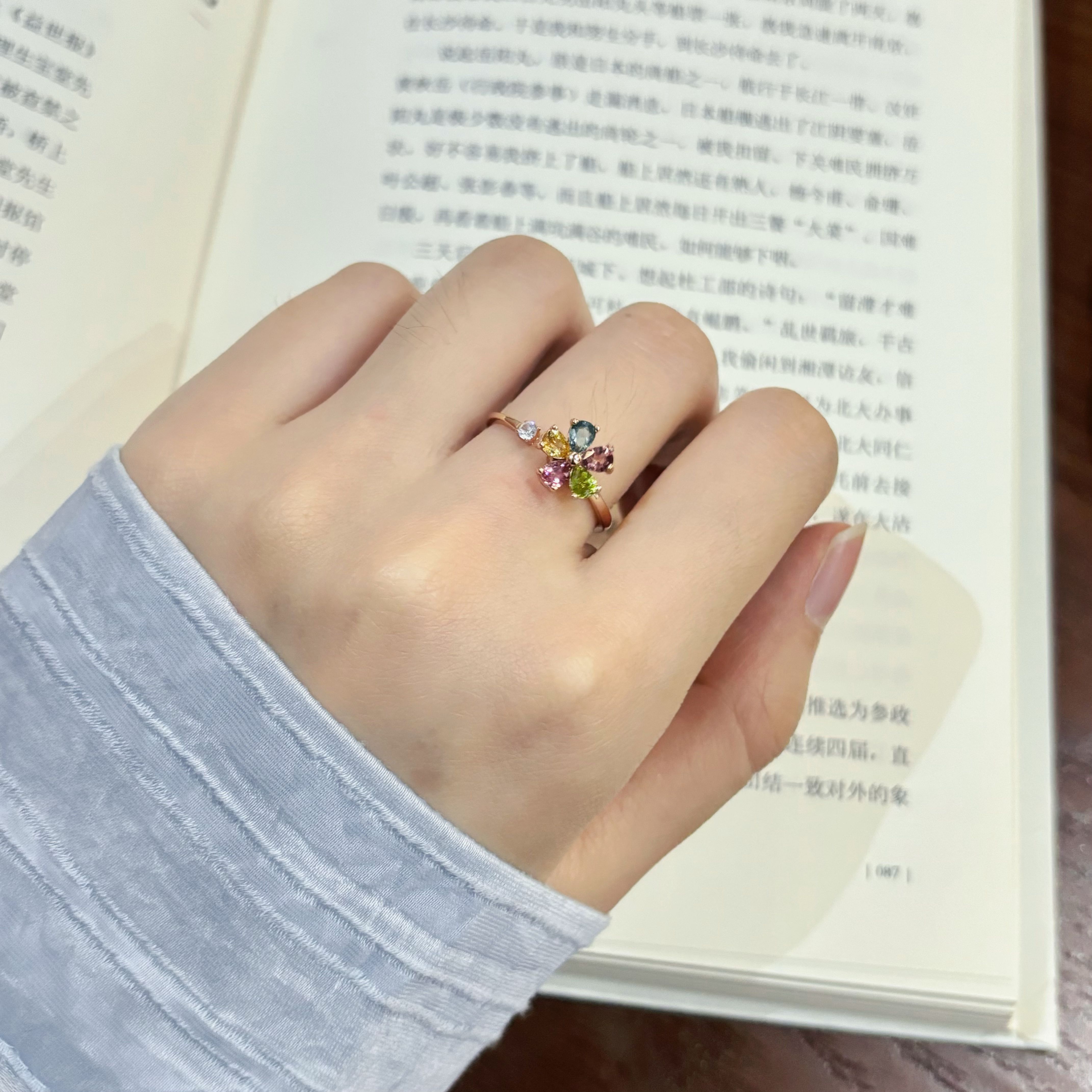 【绿福珠缘】S925银天然红蓝绿碧玺戒指彩色优雅花瓣蓝碧玺宝石戒圈