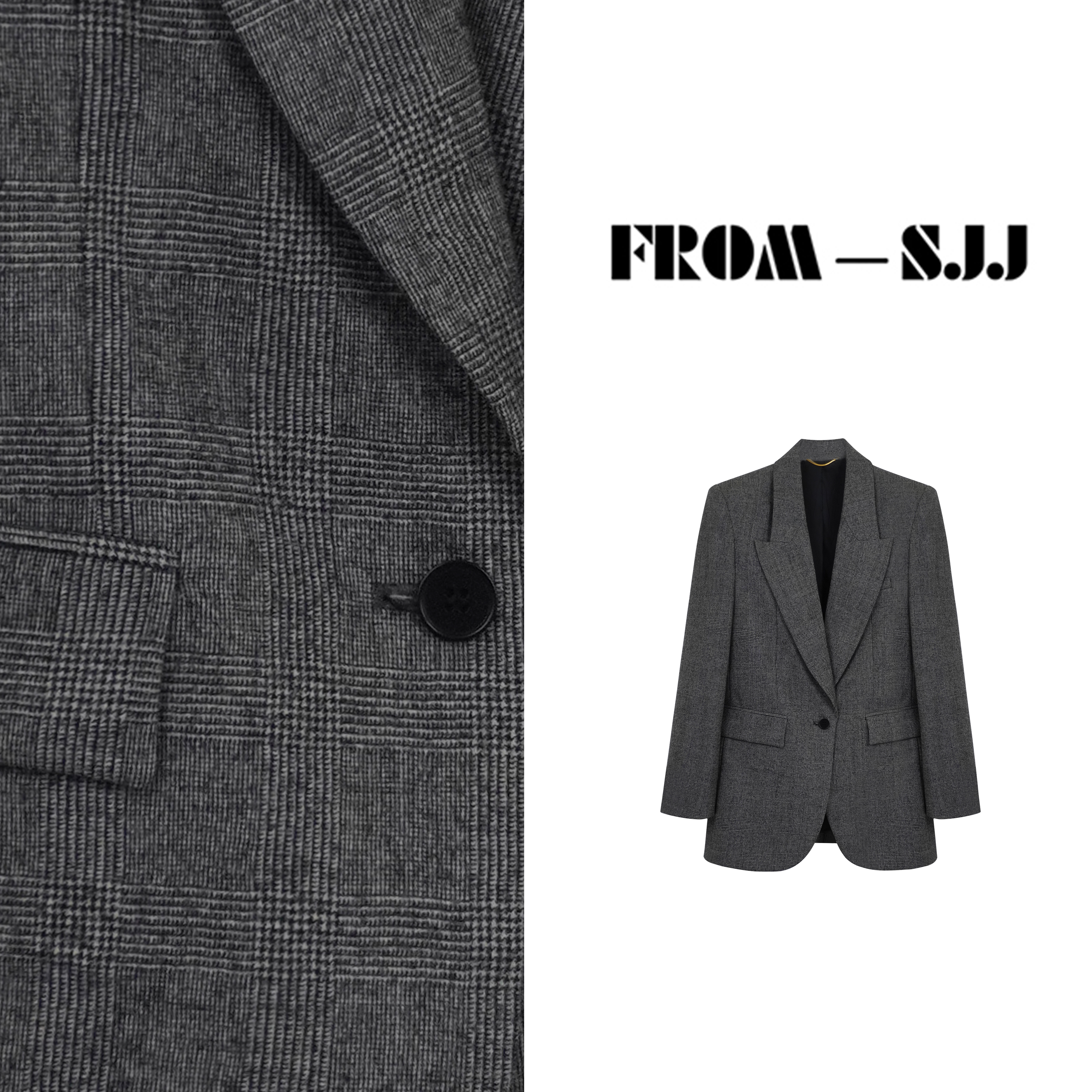 【威尔士】高定系列女士粉笔黑色亲王格纹法兰绒西装外套q130261p