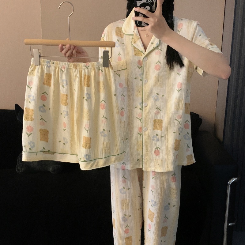 日系郁金小熊睡衣女夏季短袖短裤长裤三件套少女宽松网红家居服
